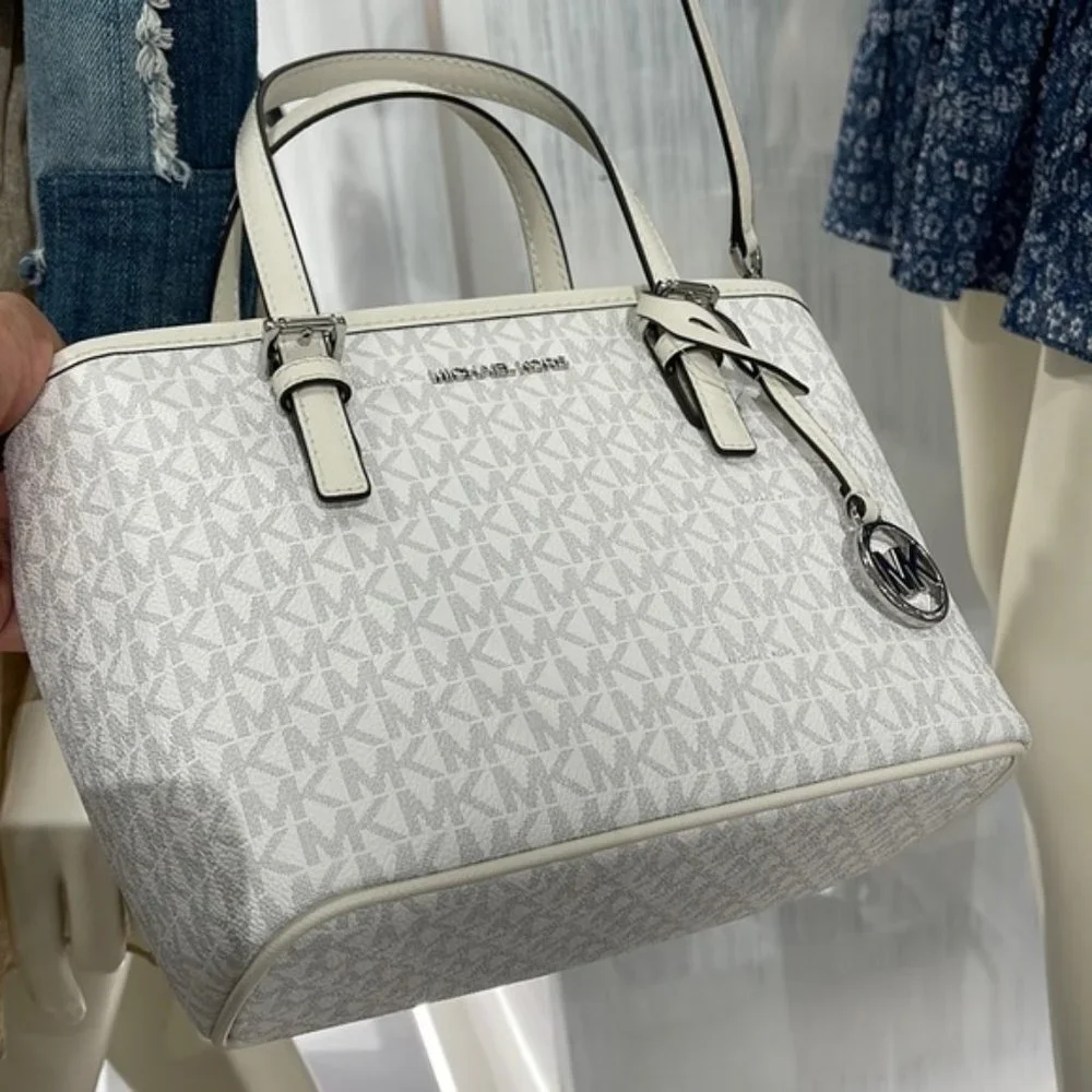 Michael Kors Jet Set Travel Extra-Small Logo Top-Zip Tote Bag Optic White Multi - Picture 15 of 16